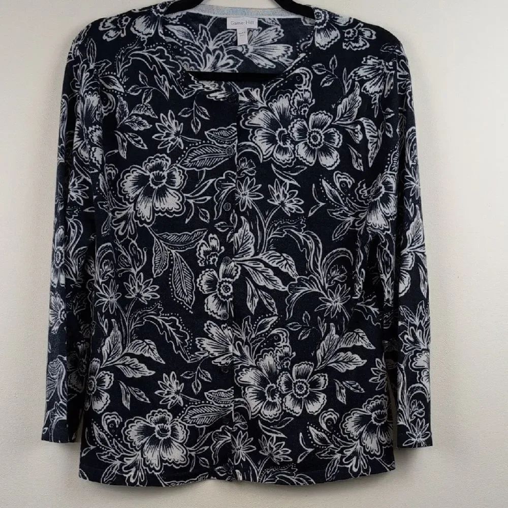 Garnet Hill Floral Merino Wool Navy & White Long Sleeve Cardigan Sweater Size L